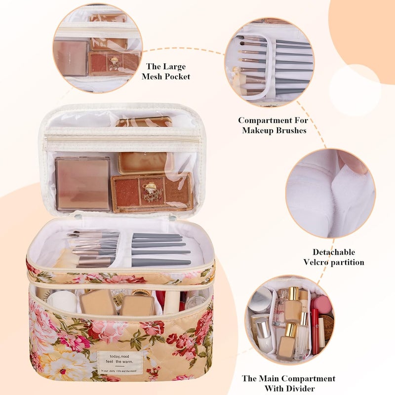 Gosect Makeup bag, Large Cosmetic Bag for Women Girls, Cute Quilted Makeup Bags, Floral Coquette Aesthetic Toiletry Bag, Travel Make Up Organizer Bag (Pink Flowers) - Image 2